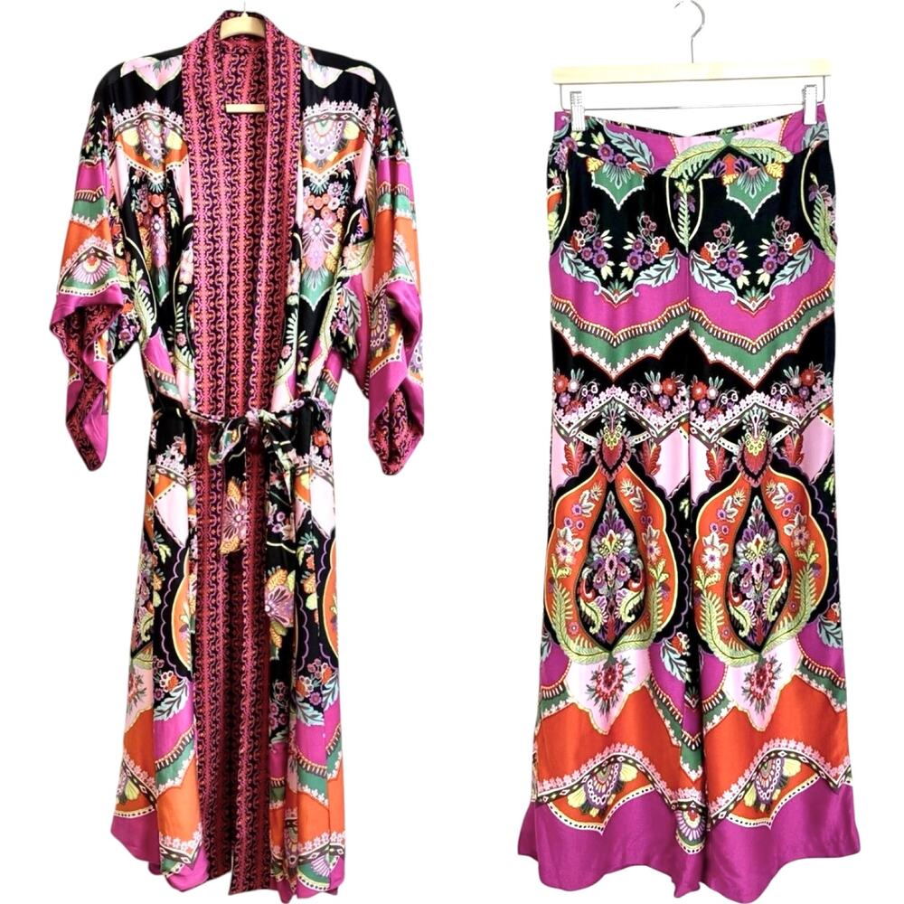 NWT Rachel Zoe Boho Reversible Print Lounge Kimono & Cropped Pant SET Size Large
